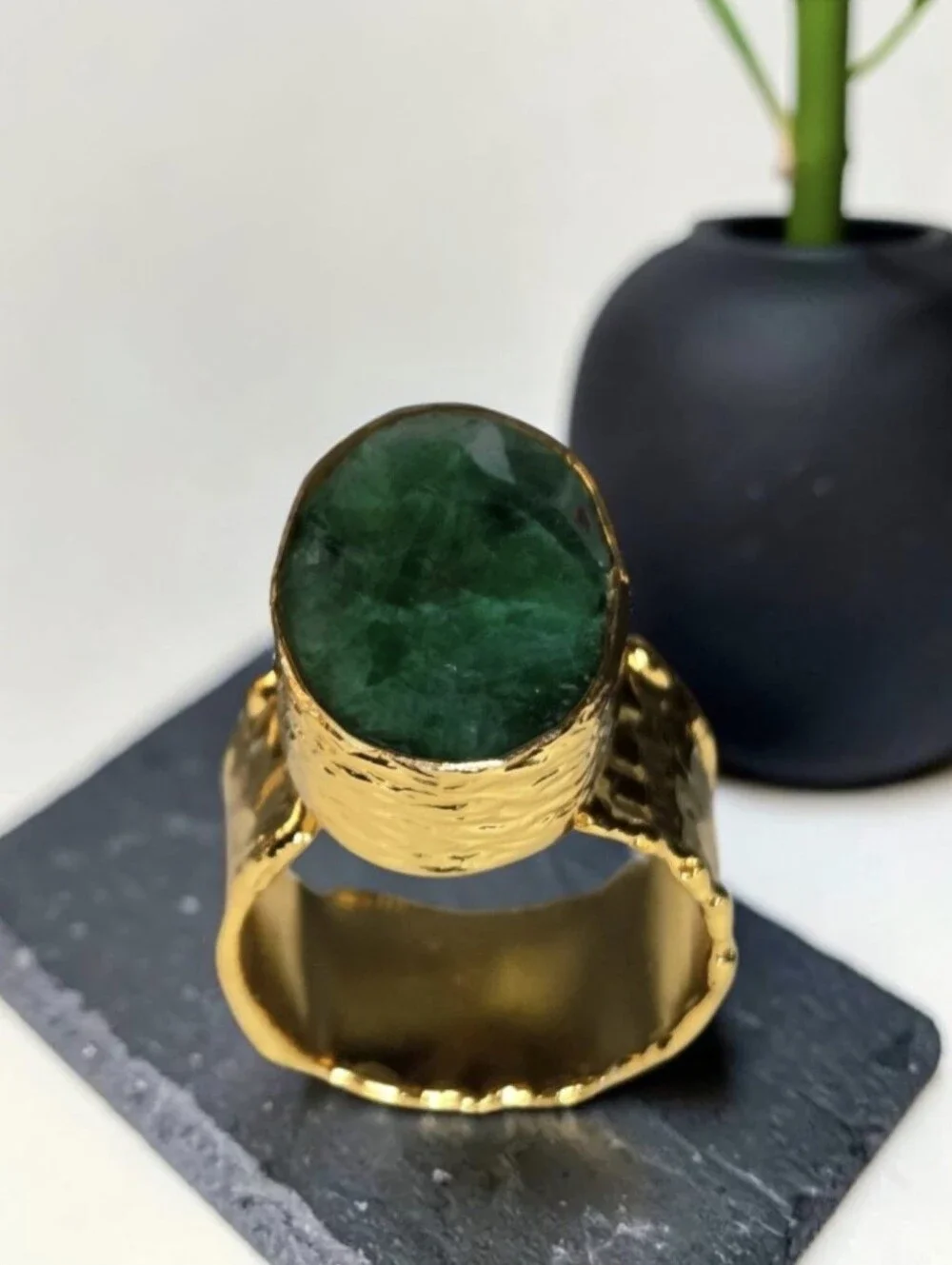 18k Gold Plated Hammered Chunky Artisan Genuine Natural Raw Emerald Beveled Ring
